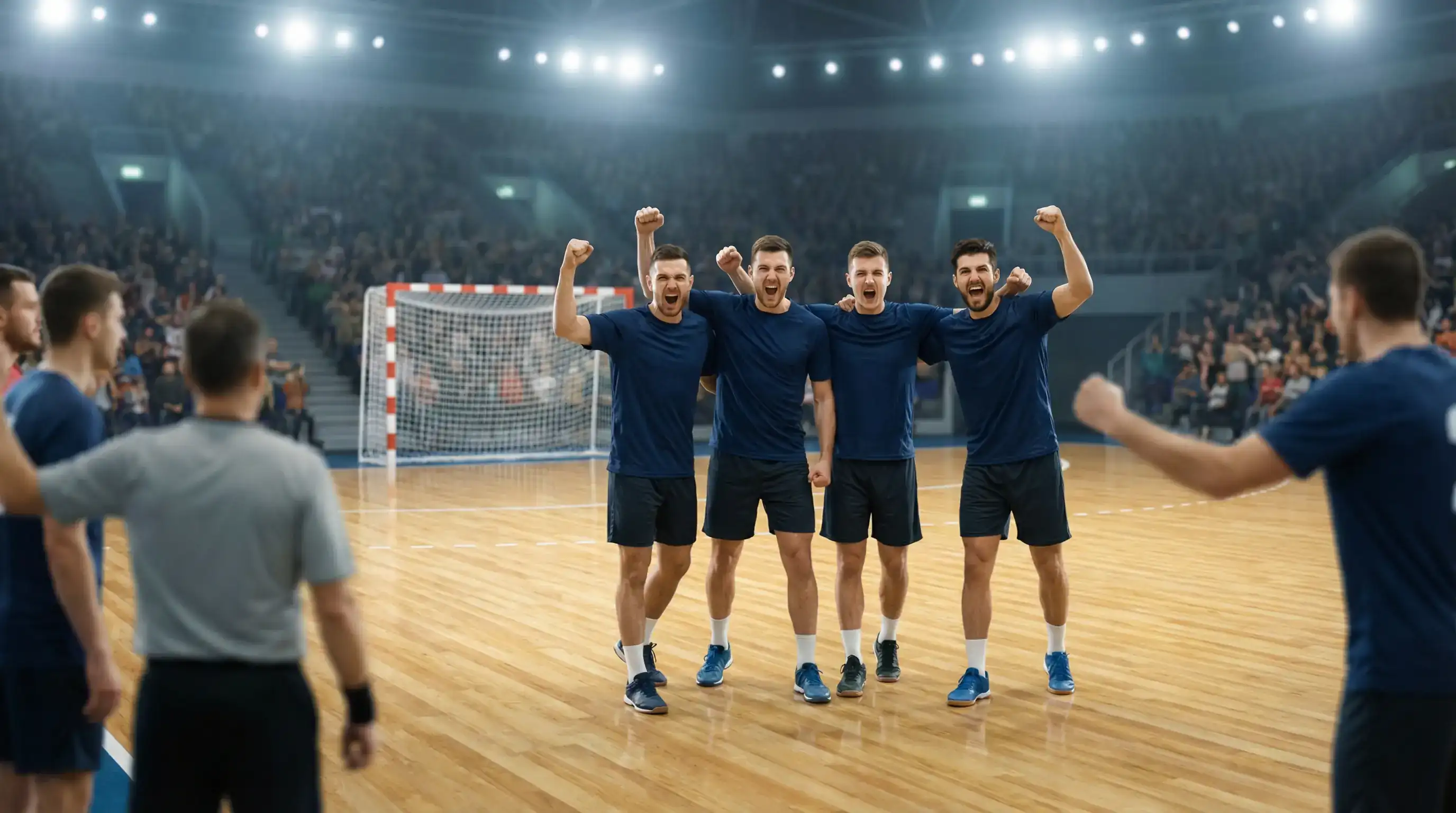 Handball-Mannschaft feiert ein Tor in einer vollen Halle