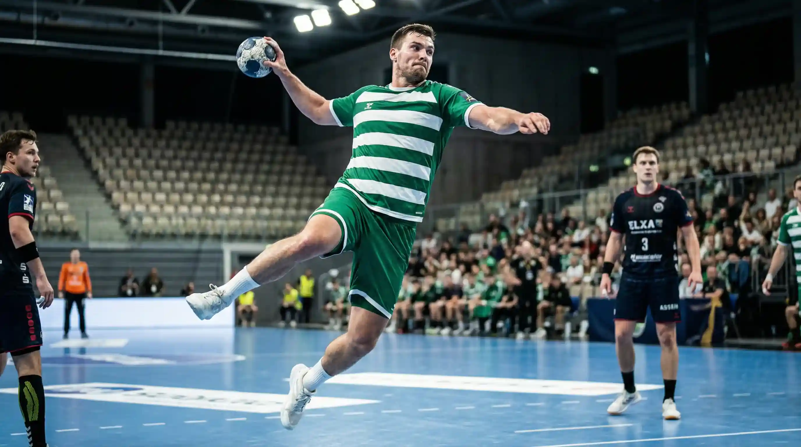 Handballspieler in Magdeburger Trikot beim Wurf – Titelverteidiger der EHF Champions League